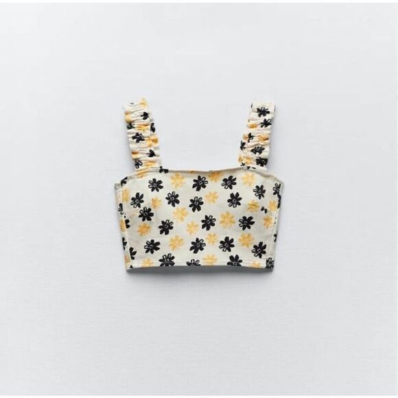 ZARA Floral Denim Crop Top Ruched Back Ruffle wide Straps Bloggers favorite XS - Picture 6 of 8
